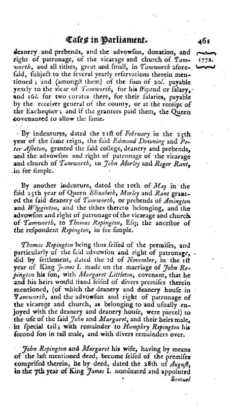 Reports of cases, upon appeals and writs of error, in the High Court of Parliament 1772 p.461